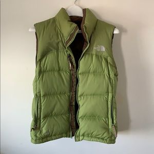 Green + Brown women’s north face puffy down vest